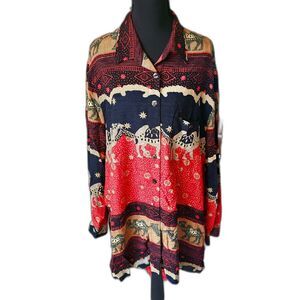 Vintage Boho Chic Camel Print Button-Up Shirt Sz 12 By S.L. Fashions Relaxed Fit